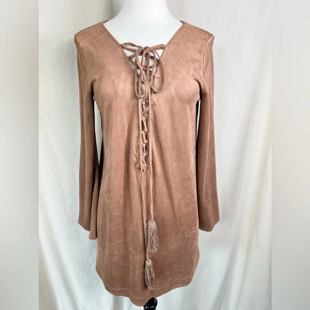 OLIVACEOUS ~ Tan Vegan Suede Dress with Bell Sleeves and Tie Detail ~Size Med - Picture 7 of 12